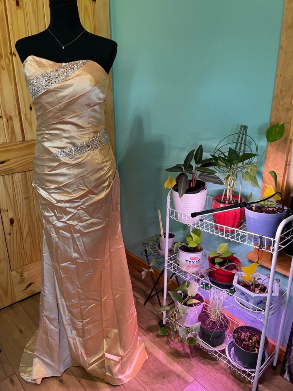 Satin Strapless Beaded Evening Gown in Light Champagne